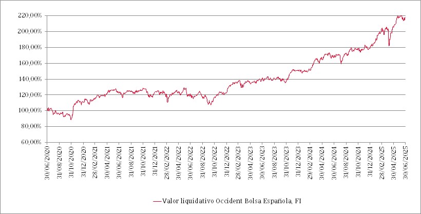 Gráfico de líneas que muestra la evolución del valor liquidativo del fondo en los últimos 5 años y su comparación con el índice de referencia.