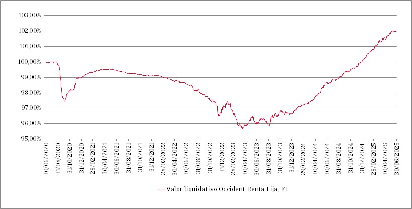 Gráfico de líneas que muestra la evolución del valor liquidativo del fondo en los últimos 5 años y su comparación con el índice de referencia.