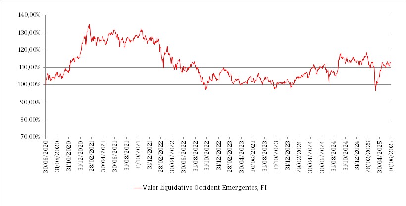 Gráfico de líneas que muestra la evolución del valor liquidativo del fondo en los últimos 5 años y su comparación con el índice de referencia.